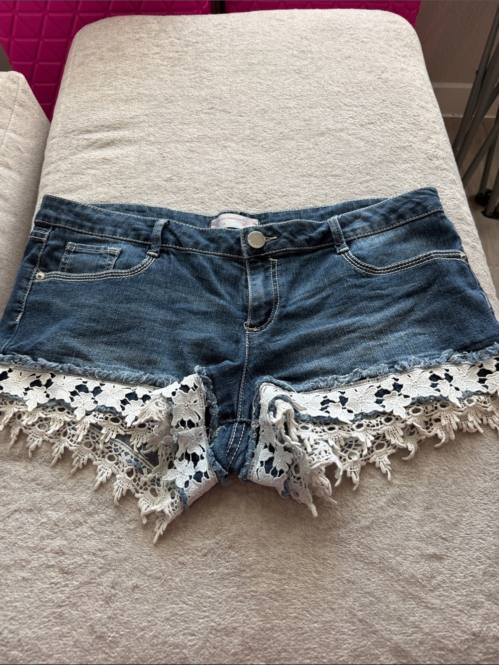 No Boundaries Blue Denim Shorts with White Crochet Trim